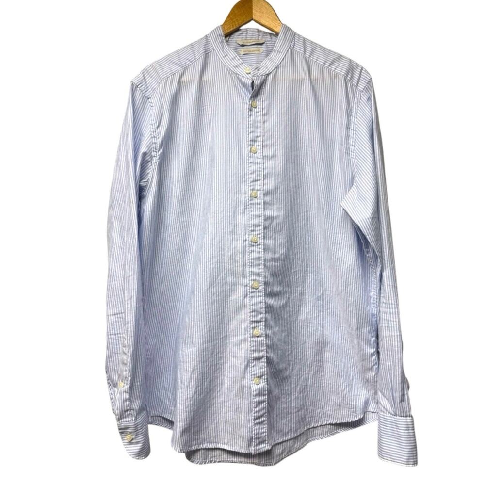 Suitsupply Men 42 x 16.5 Slim Fit Egyptian Cotton Blue Stripe Band Collar Shirt